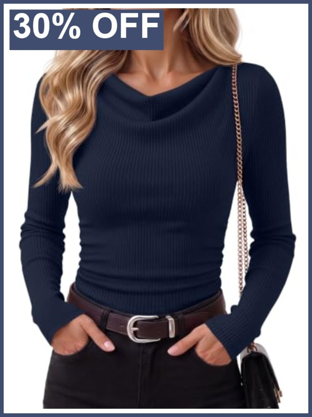Women Ribbed Cowl Neck Long Sleeve Fitted Crop Top Y2K Casual